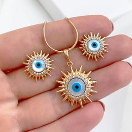 S3785 Fashion Turkish Evil Eye Jewelry Set For Women Sun Rhinestone Blue Eyes Pendant Necklace With Earrings 2pcs/set