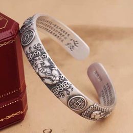 Bangle S999 Sterling Silver Pixiu Bracelet To Attract Wealth and Treasure Copper Coin Bracelet Heart Sutra Six-character Mantra Bangle 230921