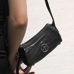 GROTTO Genderless Black Stone Bag with Italian Pleated Leather Large Capacity One Shoulder Stone Trend