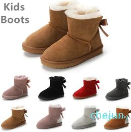 Kinderstiefel über dem Knie, klassische Mini-Schneestiefel für Kinder, Winter, Schleife, volles Fell, flauschig, pelzig, Satin, Knöchel, Vorschulkinder