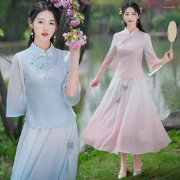 Ethnic Clothing Elegant Summer Cotton Linen Embroidered Tang Suit Zen Hanfu Dress Sweet Retro Fashion Chinese Style Tops Skirt Sets For