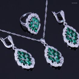 Necklace Earrings Set Perfect Green Cubic Zirconia White CZ Silver Plated Pendant Chain Ring V0016