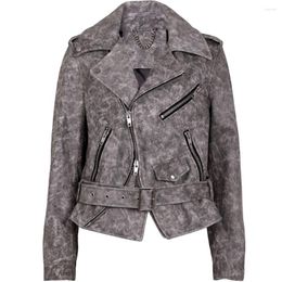 Women's Leather YOLOAgain 2023 Autumn Vintage Grey Moto Biker Jacket Women Real Female Streetwear