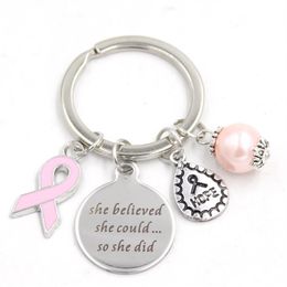 New Arrival Stainless Steel Key Ring Keychains Breast Cancer Awareness Pink Ribbon Keychain Keyring Gifts for Women Jewelry312I