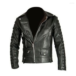 Men's Jackets Black Real Leather Biker Jacket Side Laced Up Sleeves Motorcycle