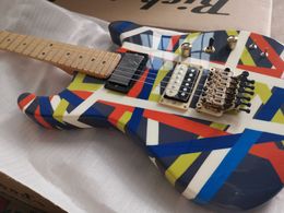 Rare Edward Van Halen White Black Red Blue Yellow Stripe Pacer Sustainer Electric Guitar China EMG Pickup Floyd Rose Tremolo Bridge Whammy Bar Maple Fingerboard