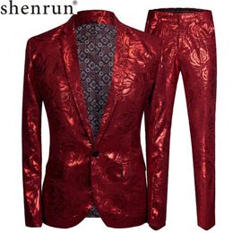 Shenrun Men Slim Fit Suit Red Rose Skinny Wedding Groom Suits Stage Costume Singer Jacket Single Breasted Casual Blazer340d