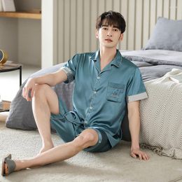 Men's Sleepwear Pyjamas Lake Blue Satin Pyjama Loungewear Men Summer Short Sleeve Home Suit