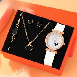 Wristwatches 5pcs Dainty Quartz Watch With Gift Box Jewellery Set Fashion Casual Round Women Heart Shape Necklace Bracelet Earrings