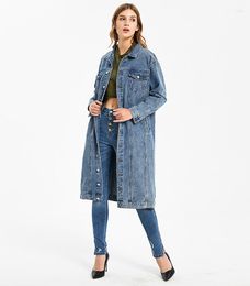 Women's Trench Coats Womens Classic Long Jean Jacket Plus Size Loose Sleeve Button Down Denim Coat