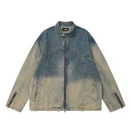 Contrast Colour gradient water wash with torn holes, worn zipper small stand neck denim jacket, motorcycle style deconstruction and patchwork jacket