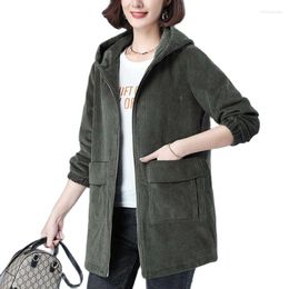 Women's Trench Coats Corduroy Jacket 2023 Autumn Casual Hooded Coat Middle Aged Mother Windbreaker Overcoat 5XL Q86