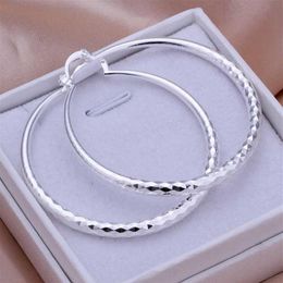 925 Sterling Silver Textured Ear Studs Large Round Hoop Earrings Women's Jewelry276n