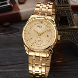 CHENXI Gold Watch Men Watches Quartz Analog Dial Wristwatch Male Clock Golden Wrist Watch Calendar Stainle Wristwatches277d