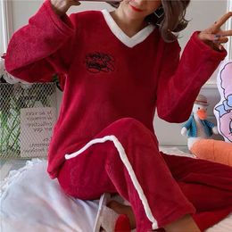 Womens Sleepwear Winter Fleece Pyjama Women Warm Pyjamas Solid Velvet 2 Piece Pant Home Suit Fluffy Casual Pyjamas 230921
