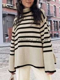 Women's Sweaters Black And White Stripe Sweater Streetwear Loose Tops Women Pullover Female Jumper Long Sleeve Turtleneck Knitted Ribbed Sweaters J230921