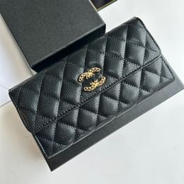 Check pattern long wallet sheepskin caviar genuine leather wallet flap Cover zero designer purse clip Luxury small handbag Black gold Hasp
