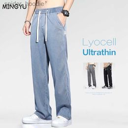 Men's Jeans Summer Thin Soft Lyocell Fabric Jeans Men Loose Wide Leg Drawstring Elastic Waist Denim Pants Grey Casual Trousers Plus Size 5XL L230921