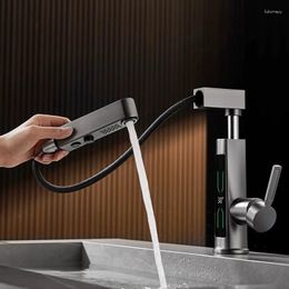 Bathroom Sink Faucets Gun Grey Single Hole Lifting And Rotating Digital Display Atmosphere Light Pull-out Dual Mode Basin Cold Faucet