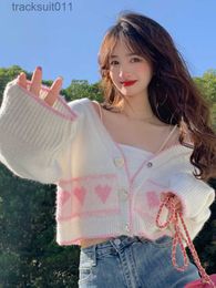 Women's Sweaters Korean Fashion Sweet Knitted Cardigan Women White Heart Button Jacquard V-neck Sweater Coat Ladies Cute Crop Tops Autumn Clothes L230921