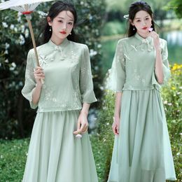 Ethnic Clothing Elegant Summer Green Improved Cheongsam Embroidery Retro Fashion Zen Tops Skirt Bridesmaid Dress Chinese Style Hanfu For