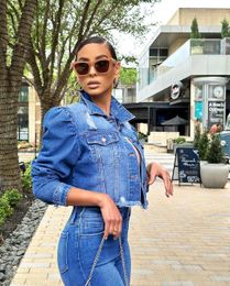 Women s Jackets 2023 Blue Casual Denim Jacket Ripped Streetwear Long Puff Sleeve Button Down Cropped Jean Coats for Fall 230921