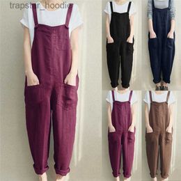 Women's Jumpsuits Rompers 4XL Womens Sleeveless Dungarees Rompers Cotton Linen Jumpsuit Loose Preppy Style Pants Casual Pocket Overalls Playsuits L230921