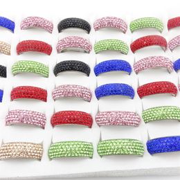 Whole 36pcs Lot Womens Stainless Steel Band Rings Clay 5 Row Colourful Rhinestone Shining Fashion Jewellery Beautiful Party Gift254B