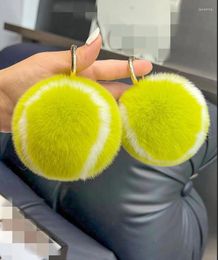 Keychains Furry Tennis Ball Pompom Keychain Genuine Rex Fur Key Ring Fluffy Women Girl Unisex Men Bag Charm