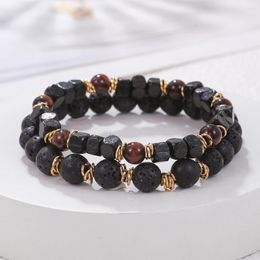 Link Bracelets Natural Original Lava Rock Stones Bracelet For Women Men Charm Red Tiger Eye Handmade Elasticity Rope Jewellery Set Gift