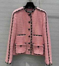 Womens Wool Blends High quality designer celebrity pink tweed coats contrast Colour binding trim pockets oneck Woollen coat 230921