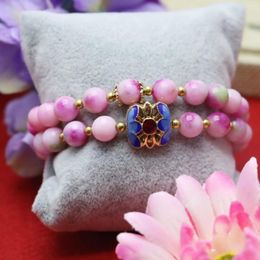 Strand 8mm Round Pink Chalcedony Peach Jade Stone Bracelet Elastic Hand Chain For Women Girls Natural Pendant Cloisonne DIY Accessories