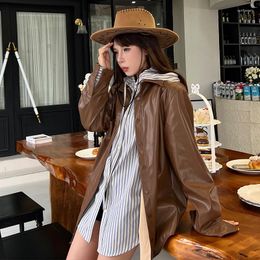 Women's Jackets Lygens Turn Down Collar Button Long Sleeeve Faux Leather Coats Cowherd 2023 Y2K Vacation Casual Clothing