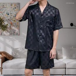 Men's Sleepwear Men Ice Silk Pyjama Set Pyjamas Nightclothes Shirts Shorts Black XL XXL 3XLSmooth Solid Colour Casual