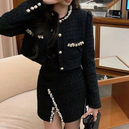 Two Piece Dress Fall Winter Women Long Sleeve Beading Pearls Button Pockets Jacket Mini Aline Tweed Skirt Two Piece Black Skirt Sets 230920