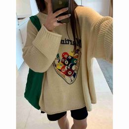 Women's Sweaters Casual Sweater Women's Pullover Loose Vintage Cartoon O-neck Cute Jacket Graffiti Billiard Knitted Pattern Fall Clothes J230921