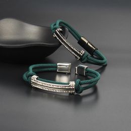 Jewellery Women Bracelets Clear Cz Long Tube Buckle Bracelet With Green String Braided Men Stainless Steel Bangle Jewelry244H