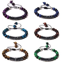 Vintage Braid Bracelets Men Real Chakra Tiger Eye Bangle 8 Mm Stone Beads Pulsera Handmade Women Faceted Hematite Buddha Jewlery B291N