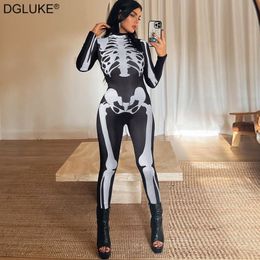 Womens Jumpsuits Rompers Skeleton Print Jumpsuit Turtleneck Long Sleeve Black Bodysuit Sexy Full Body Halloween Costume For Women 230921