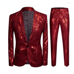 Men's Suits Wine Red Rose Gold Print Men Brand Notched Lapel One Button Tuxedo With Pants Mens Wedding Party Costume Homme