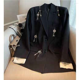 Women's Suits Women Spring Fall Diamonds Key Pendants Tassels Black Blazer Coat Rhinestones Beaded Chain Fringed Jacket OL Cardigan Tops