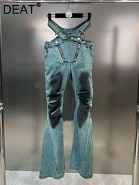 Men s Jeans DEAT Vintage Waist Split Hollow Out Design For Women Zipper Button Denim Flare Pants 2023 Autumn Female 11XX4882 230921
