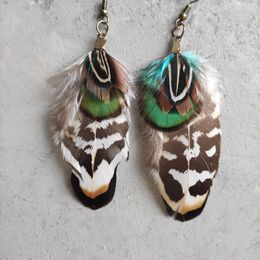 S3787 Bohemina Ethnic Tribe Natural Feather Earrings Retro Multi Layer Leopard Feather Dangle Earrings