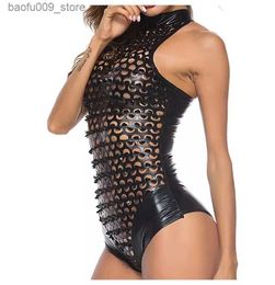 Sexy Set Women See Through Patent Leather Catsuit Punched Hole y Below Shaping Bodysuit Porn Breast Exposing Latex Sheath Leotard i Q230921