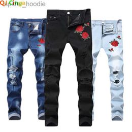 Men's Jeans Red Rose Embroidered Jeans for Men's Black Blue Stretch Pants for Men White Fashion Pantalon Hole Decoration Male Slacks 28-42 L230921