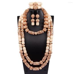 Necklace Earrings Set Copper Gold Statement African Jewelry White Beads Women Costume WE299