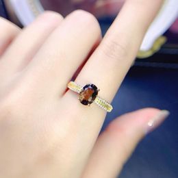 Cluster Rings Yellow Gold Plated Real 925 Sterling Silver Brown Smokey Quartz Ring Engagement Wedding Solitaire For Women
