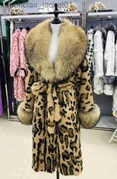 Women's Fur Faux Fur Women Real Rabbit Fur leopard print Coats With Fox Lapel Collar Natural Whole Skin Genuine Fur Long Jackets Overcoat Winter J230921