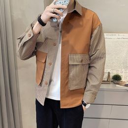 Men's Casual Shirts Fashion Button Spliced Pockets Asymmetrical Striped Shirt Clothing 2023 Autumn Oversized Tops All-match