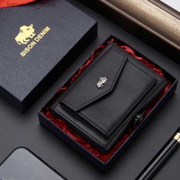 Money Clips BISON DENIM Men Genuine Leather Short Slim Wallet With Coin Pocket Trifold Rfid Blocking Card Holder Wallet W4530 Q230921